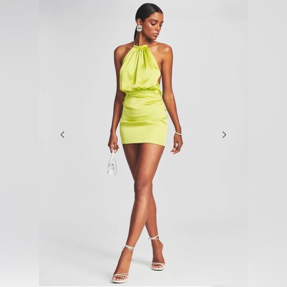 RETROFETE Anahita Silk Dress Mini Cocktail Halter Jewel Strap Neon Yellow NEW - Picture 5 of 10